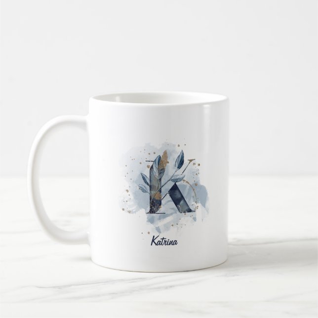 Blue Watercolor Personalized Name Letter Initial K Coffee Mug (Left)