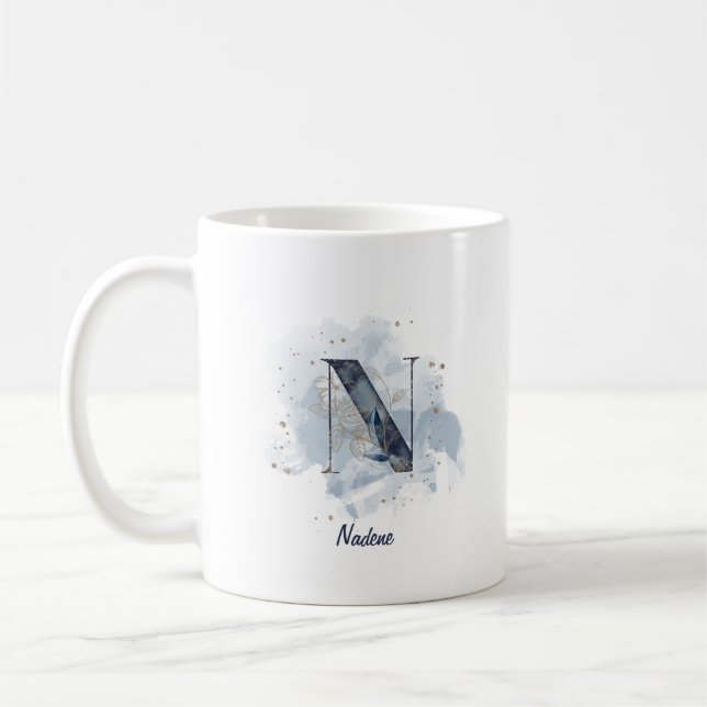 Blue Watercolor Personalized Name Letter Initial N Coffee Mug (Left)