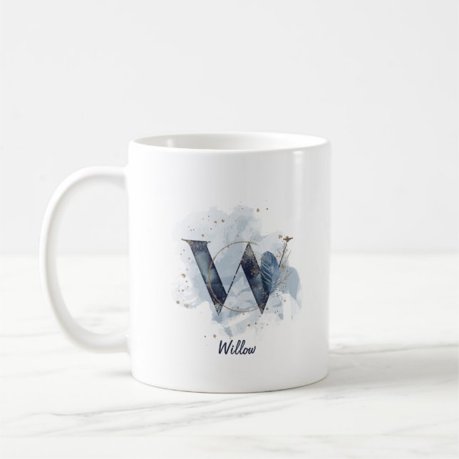 Blue Watercolor Personalized Name Letter Initial W Coffee Mug (Left)