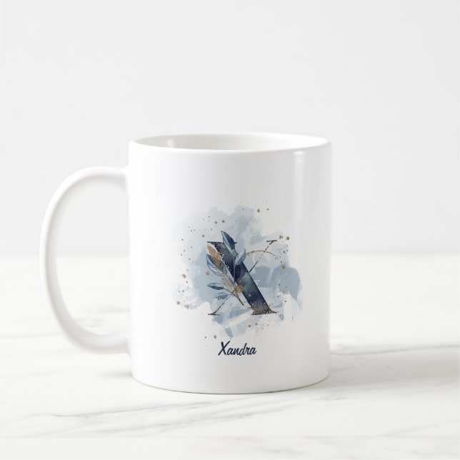 Blue Watercolor Personalized Name Letter Initial X Coffee Mug (Left)