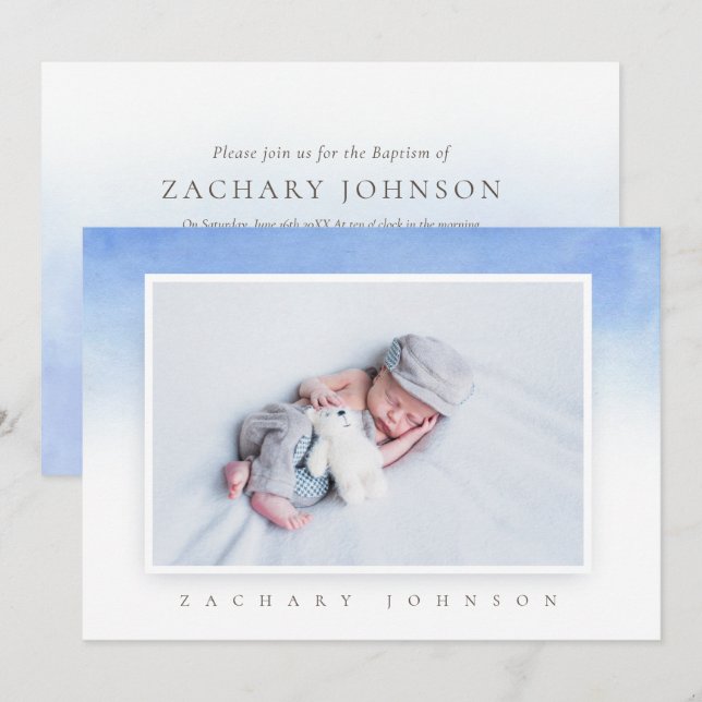 Blue Watercolor Photo Baptism Party Invitation (Front/Back)