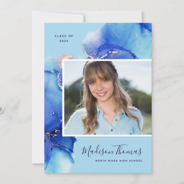 Blue Watercolor Photo Graduation Party Invitation (Front)