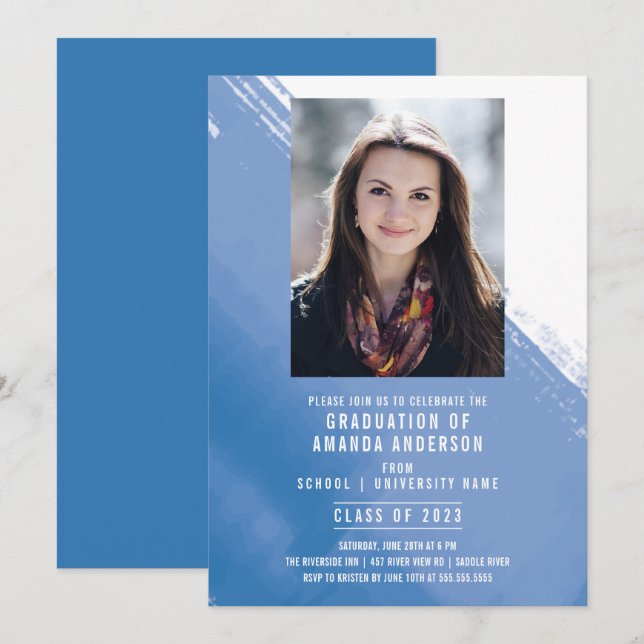 Blue Watercolor Photo Graduation Party Invitation (Front/Back)