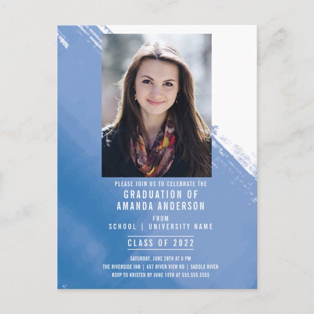 Blue Watercolor Photo Graduation Party  Postcard (Front)