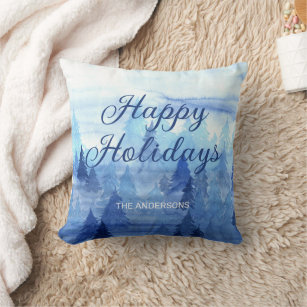 Blue Watercolor Pine Trees Winter Happy Holidays  Throw Pillow