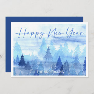 Blue Watercolor Pine Trees Winter Happy New Year H Holiday Card