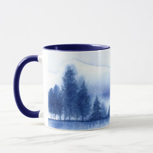Blue Watercolor Pine Trees with Blue interior Mug