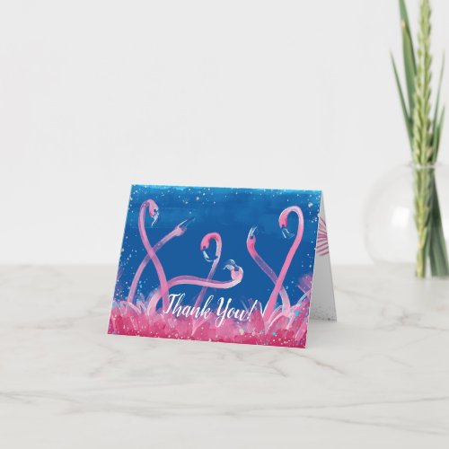 Blue Watercolor Pink Flamingo Thank You Cards