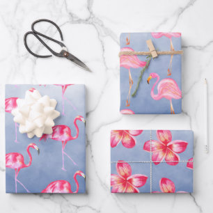 Blue Watercolor Pink Flamingoes Floral Wrapping Paper Sheets
