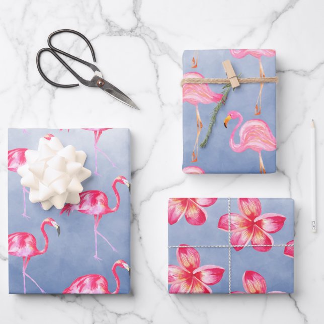 Blue Watercolor Pink Flamingoes Floral Wrapping Paper Sheets (Front)