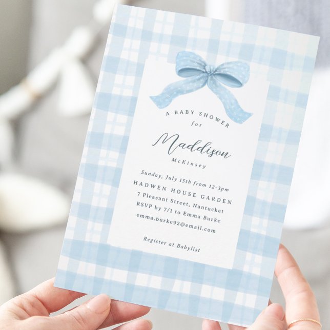 Blue Watercolor Plaid and Bow Baby Shower Invitation (Darling Watercolor plaid with bow for Baby Boy Shower.)