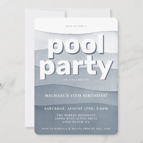 Blue Watercolor Pool Party Birthday Invitation