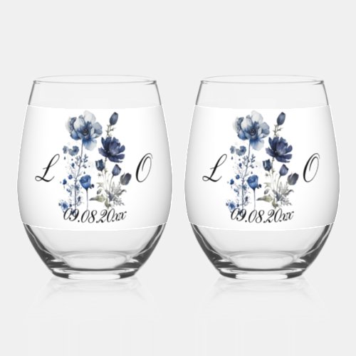 Blue Watercolor Poppies Stemless Wine Glass