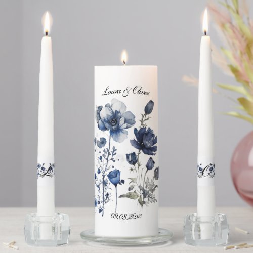 Blue Watercolor Poppies Wedding Unity Candle Set