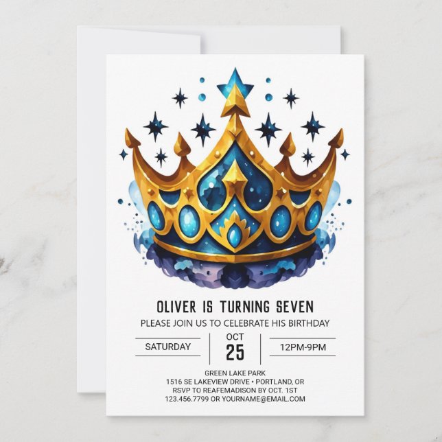  Blue Watercolor Prince Crown Birthday Invitation (Front)
