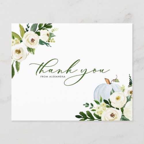 Blue Watercolor Pumpkin and Flowers Thank You Card