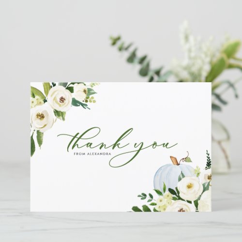 Blue Watercolor Pumpkin and White Flowers Shower Thank You Card