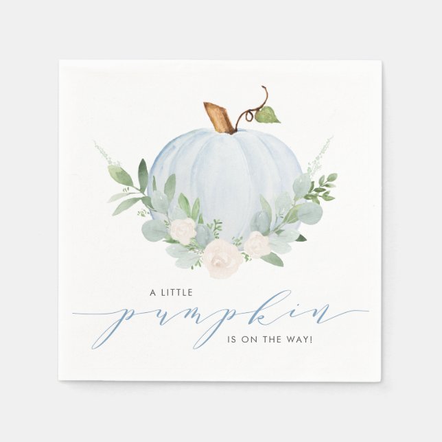 Blue Watercolor Pumpkin Autumn Baby Shower Napkins (Front)