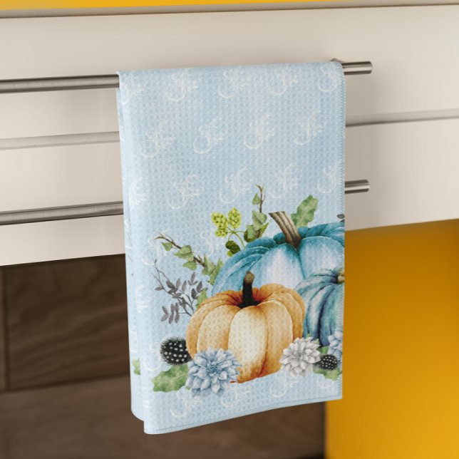 Blue  Watercolor Pumpkin Fall Autumn Kitchen Towel (Creator Uploaded)