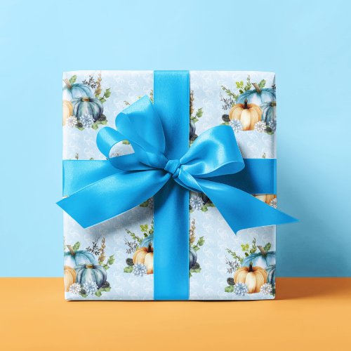 Blue  Watercolor Pumpkin Fall Autumn  Wrapping Paper