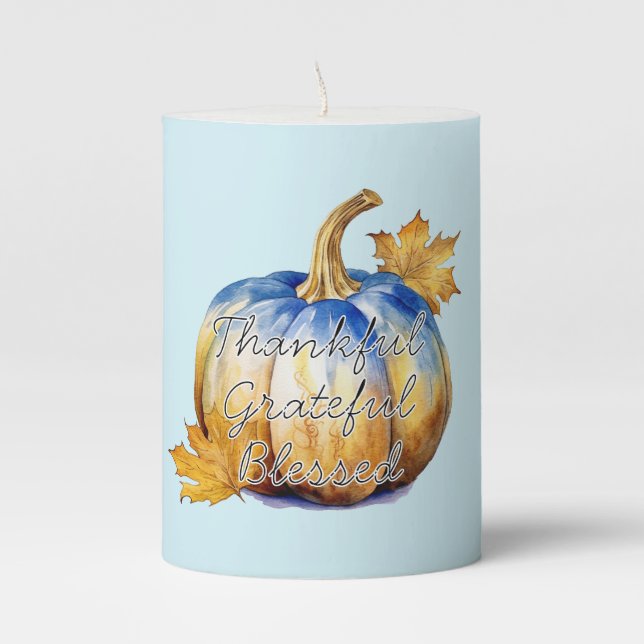 Blue Watercolor Pumpkin Thankful Grateful Blessed Pillar Candle (Front)