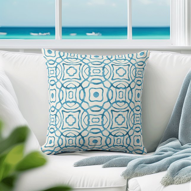 Blue Watercolor Quatrefoil Block Print Throw Pillow (Creator Uploaded)