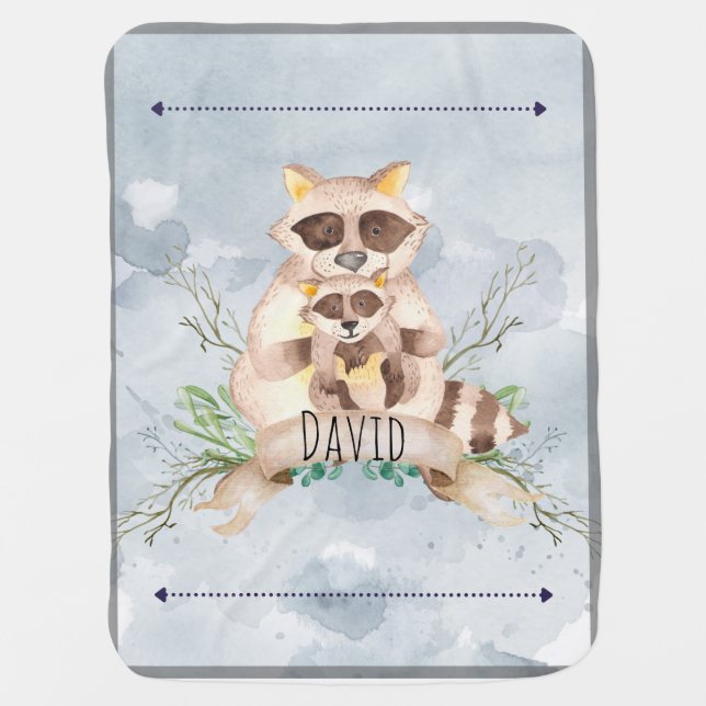 Blue Watercolor Raccoon Baby Blanket (Front)