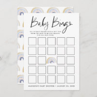 Blue Watercolor Rainbow Baby Shower Bingo Card