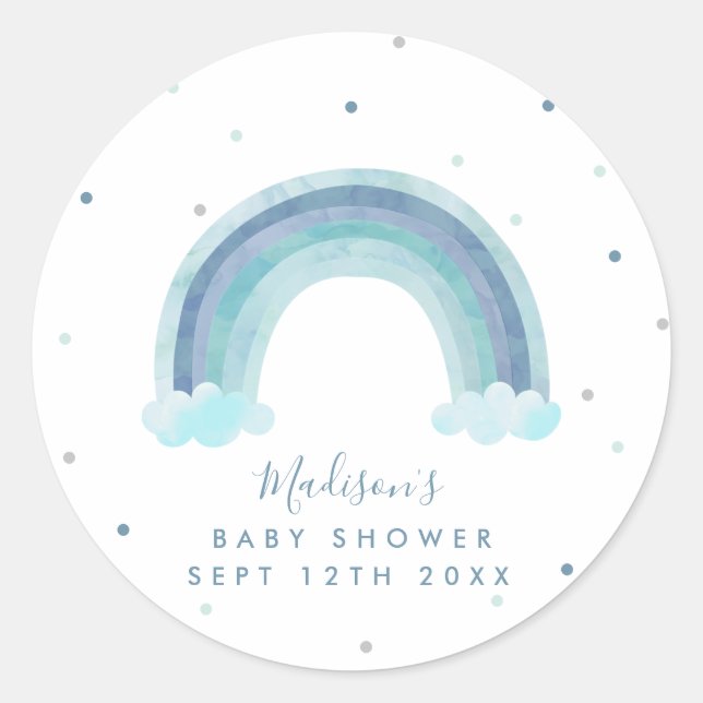 Blue Watercolor Rainbow Baby Shower Classic Round Sticker (Front)