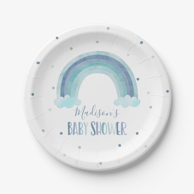 Blue Watercolor Rainbow Baby Shower Paper Plates (Front)