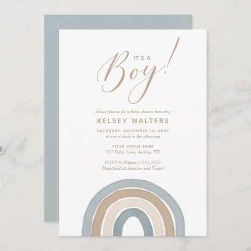 Blue Watercolor Rainbow Its a Boy Baby Shower Invitation