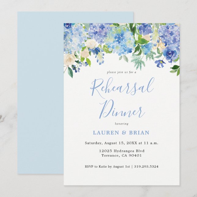 Blue Watercolor Rehearsal Dinner Invitation (Front/Back)