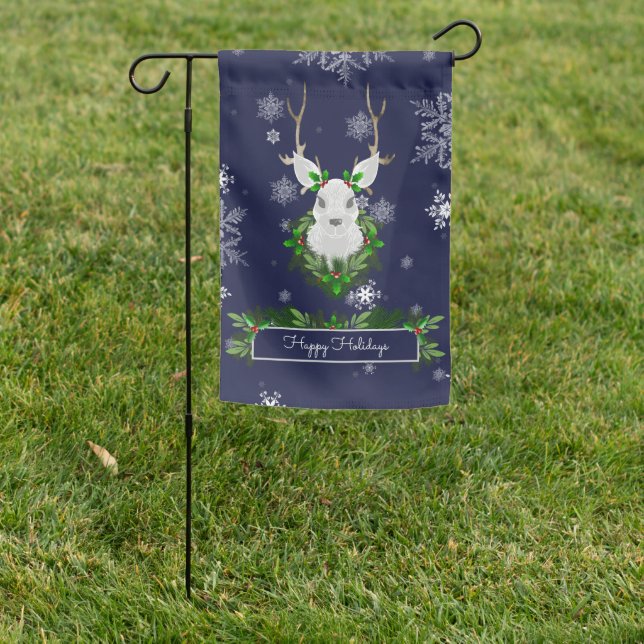 Blue Watercolor Reindeer Garden Flag (In SItu)