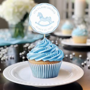 Blue Watercolor Rocking Horse Boy Baby Shower Classic Round Sticker