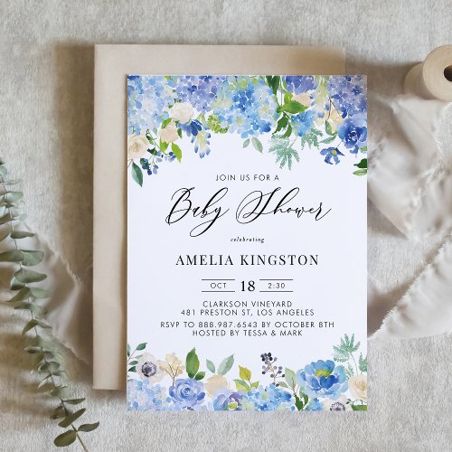 Blue Watercolor Rose and Hydrangea Baby Shower Invitation