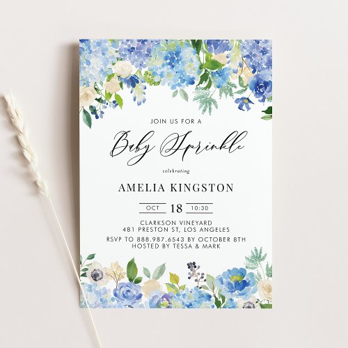 Blue Watercolor Rose and Hydrangea Baby Sprinkle Invitation
