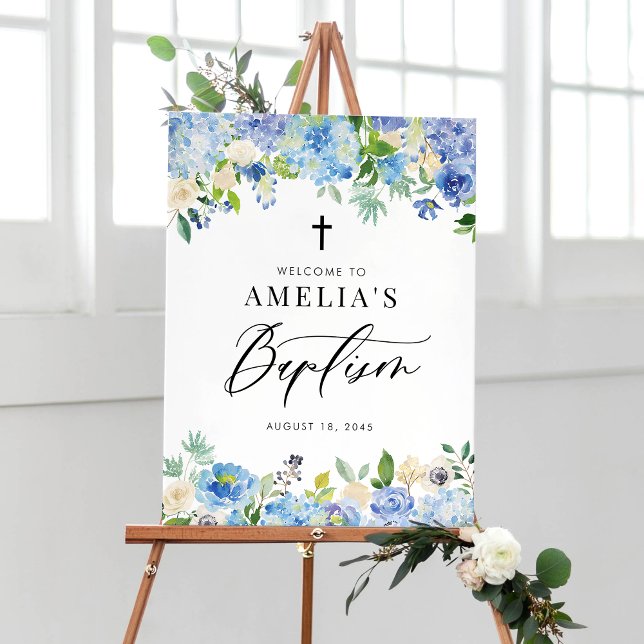 Blue Watercolor Rose and Hydrangea Baptism Poster (Creator Uploaded)