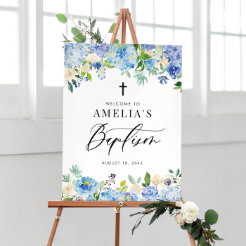 Blue Watercolor Rose And Hydrangea Baptism Poster by misstallulah at Zazzle
