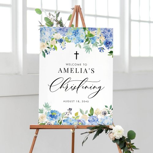 Blue Watercolor Rose and Hydrangea Christening Poster