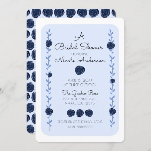 Blue Watercolor Rose Vines Cottage Bridal Shower Invitation