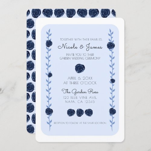 Blue Watercolor Rose Vines Cottage Chic Wedding Invitation