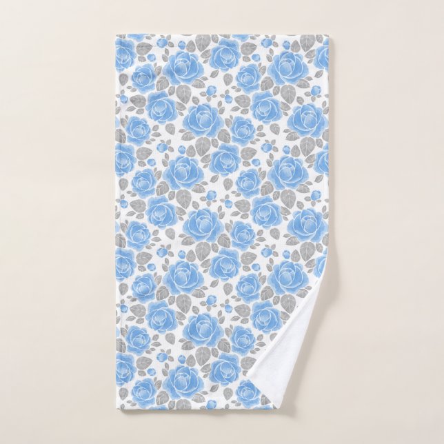 Blue watercolor roses and gray leaves hand towel  (Hand Towel)
