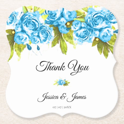 Blue Watercolor Roses Arrangement Thank You Paper Coaster