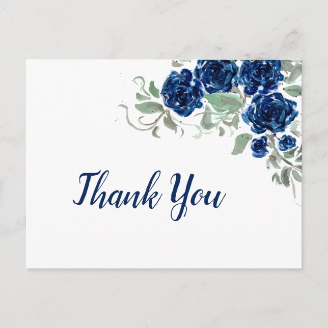 Blue Watercolor Roses Edge Thank You Card (Front)