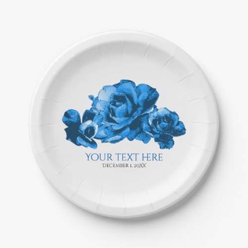 Blue Watercolor Roses Elegant Wedding Paper Plates