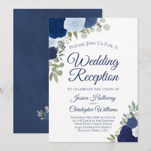 Blue Watercolor Roses Elegant Wedding Reception Invitation