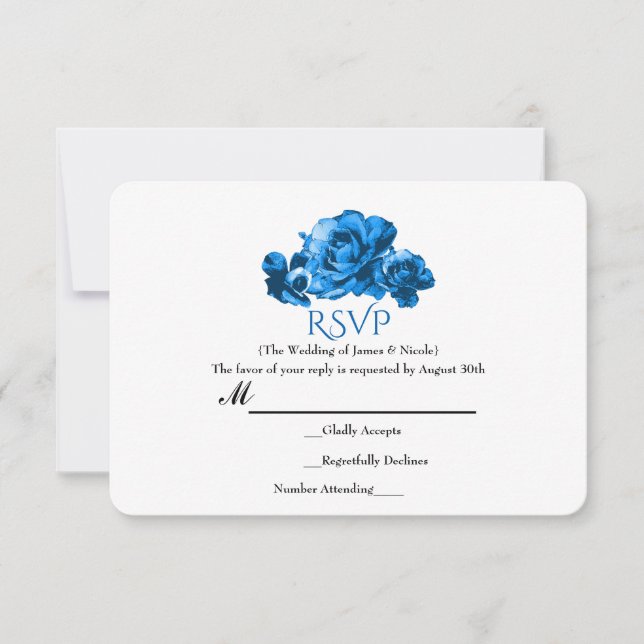 Blue Watercolor Roses Elegant Wedding RSVP Card (Front)