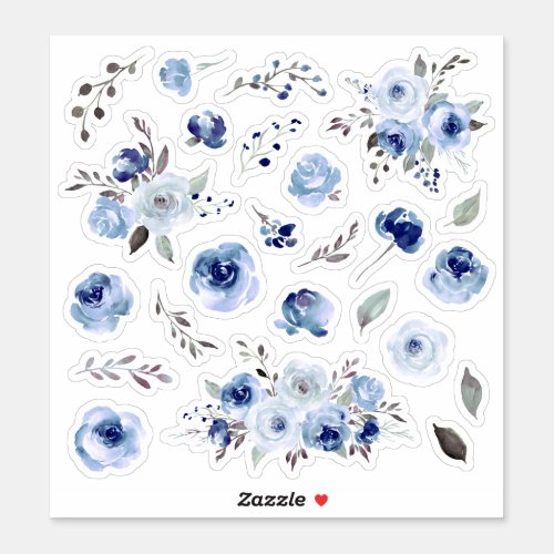 Blue Watercolor Roses Floral Wedding Bouquets Sticker