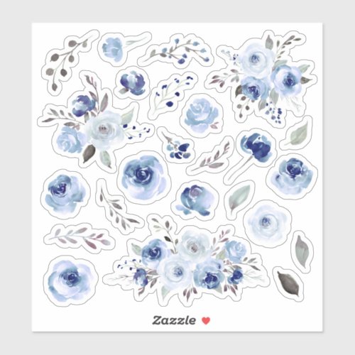 Blue Watercolor Roses Floral Wedding Bouquets Sticker