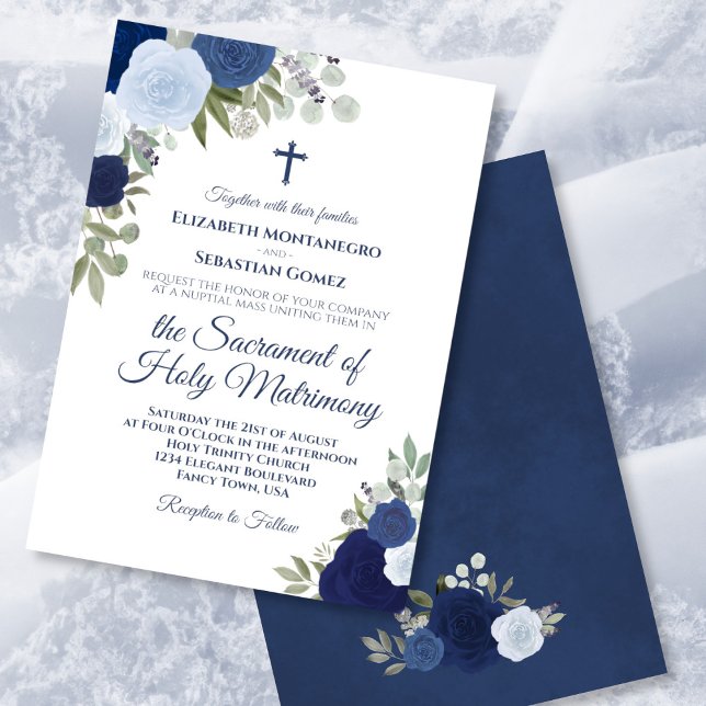 Blue Watercolor Roses Modern Catholic Wedding Invitation (Creator Uploaded)